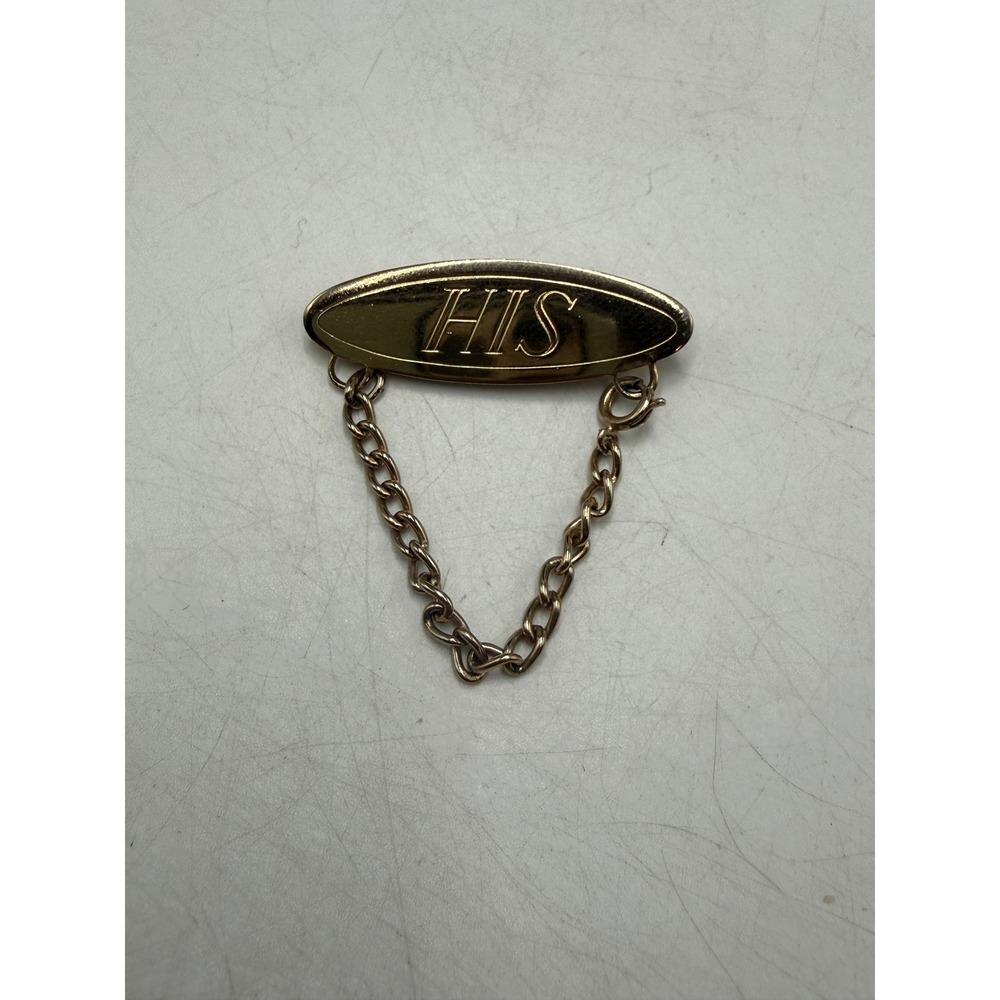 Vintage Gold Tone HIS Engraved Oval Brooch Pin with Curb Link Safety Chain